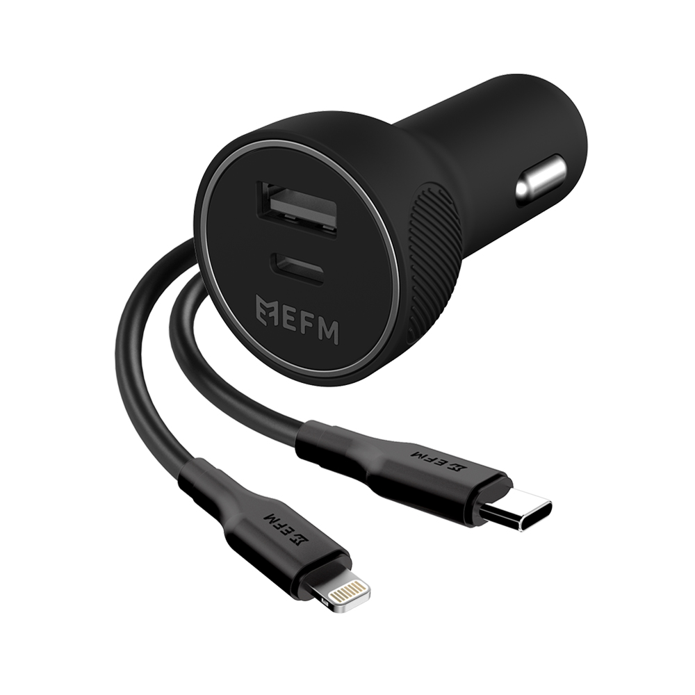 EFM 39W DUAL PORT CAR CHARGER WITH TYPE-C & LIGHTNING CABLE