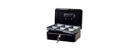 ESSELTE NO.6 BLACK CASH BOX WITH COIN TRAY & KEYS