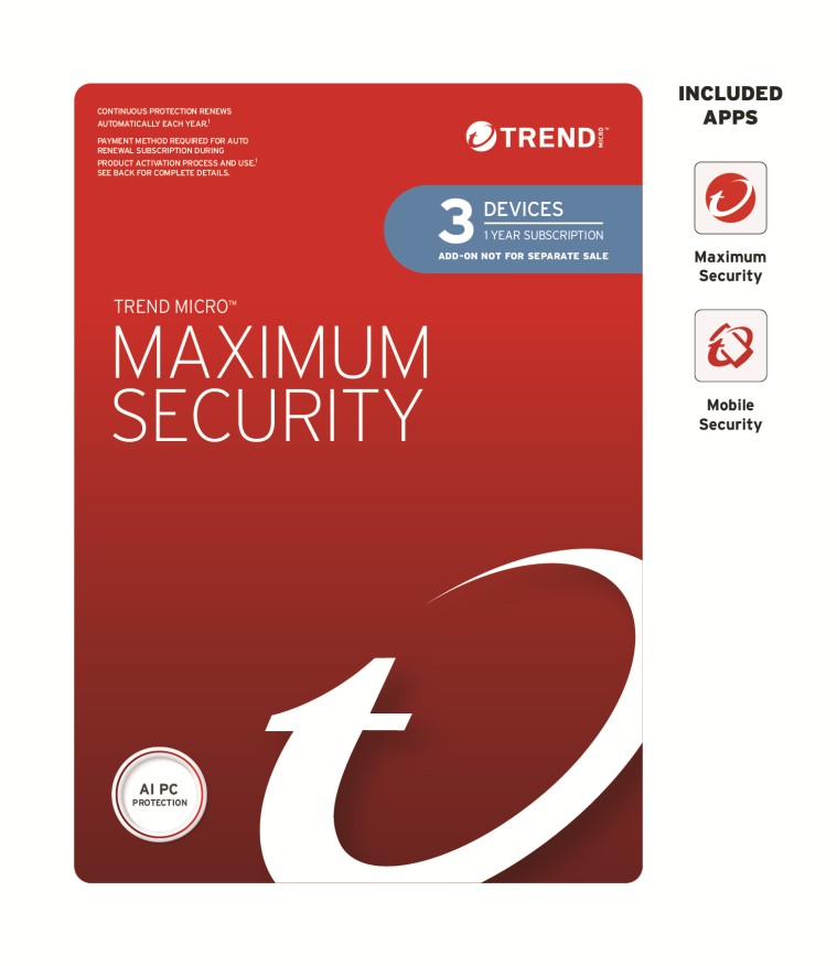 TREND MICRO MAXIMUM SECURITY 3 DEVICES 1 YEAR LICENSE
